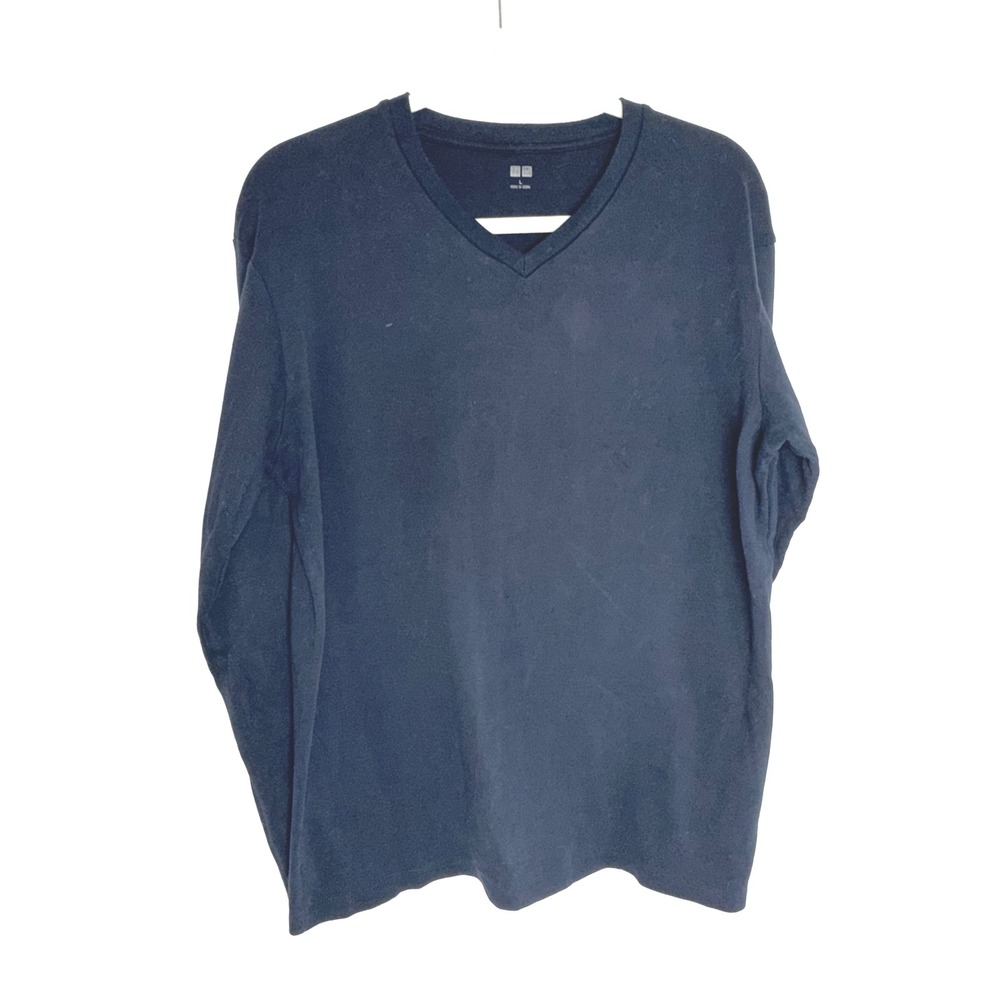UNIQLO Mens V Neck Long Sleeve T Shirt Navy Blue Cotton Size L Heavyweight